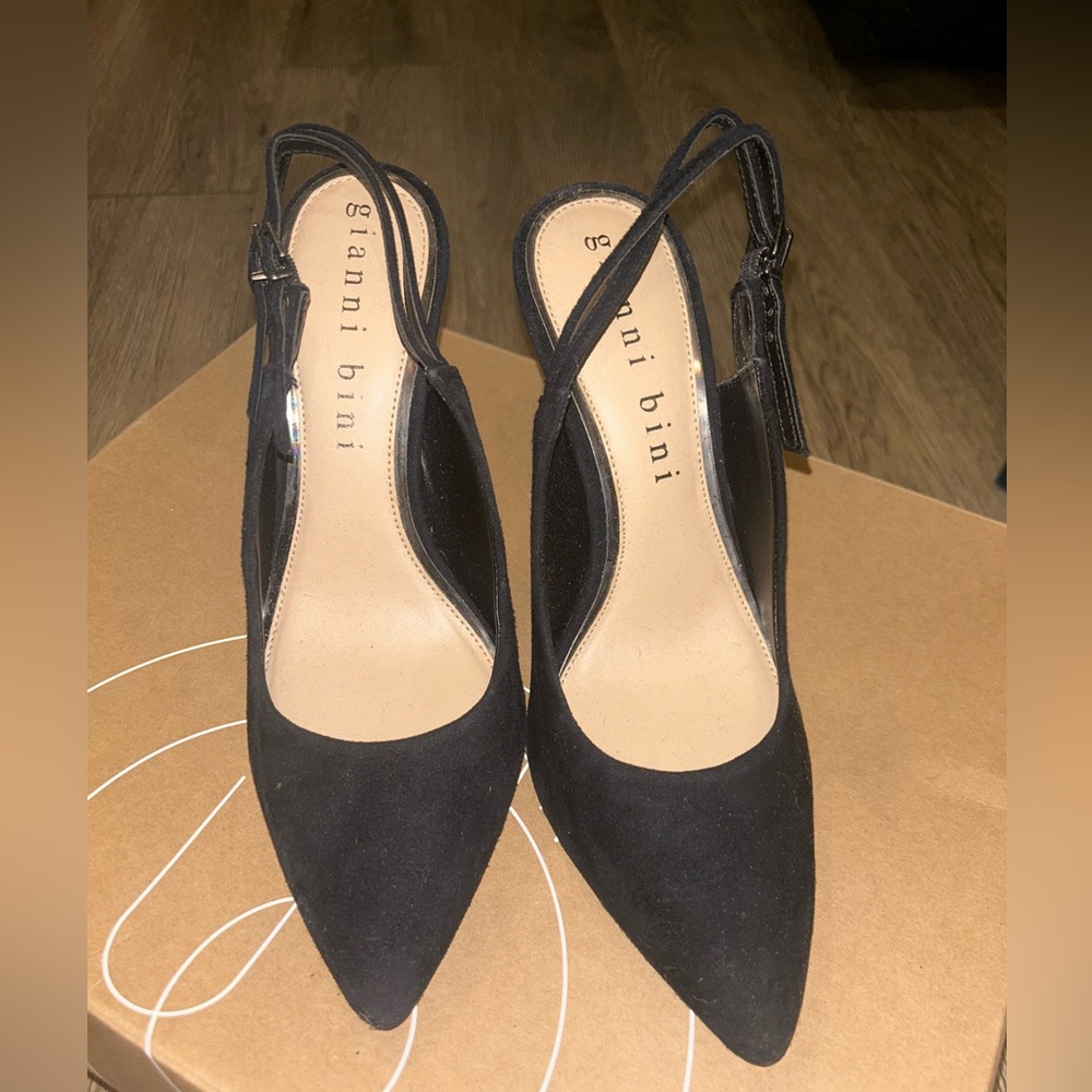 Gianni bini black heels. Pointed with a slip on strap that can be adjusted